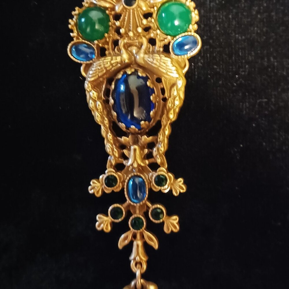 Large Vtg ASKEW Peacocks Faux Jade Emerald Sapphire Pin Art Nouveau London - Picture 3 of 6